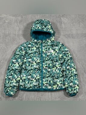The North Face 600 Down Jacket Girls Small Reversible Hooded Puffer Floral Green
